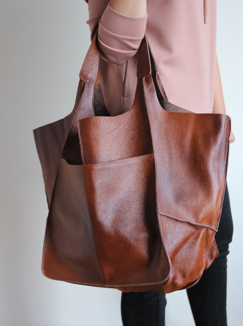 COGNAC LEATHER TOTE Bag, Slouchy Tote, Cognac Handbag for Women, Everyday Bag, Women leather Bag, Weekender Oversized Bag, Leather Purse image 4