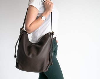 DARK Brown CONVERTIBLE Backpack, Leather BACKPACK Purse, Shoulder Bag, Crossbody Leather Handbag, School Bag, Leather Hobo Bag