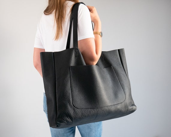 BLACK OVERSIZE Leather TOTE Bag Big Leather Purse Shopping | Etsy