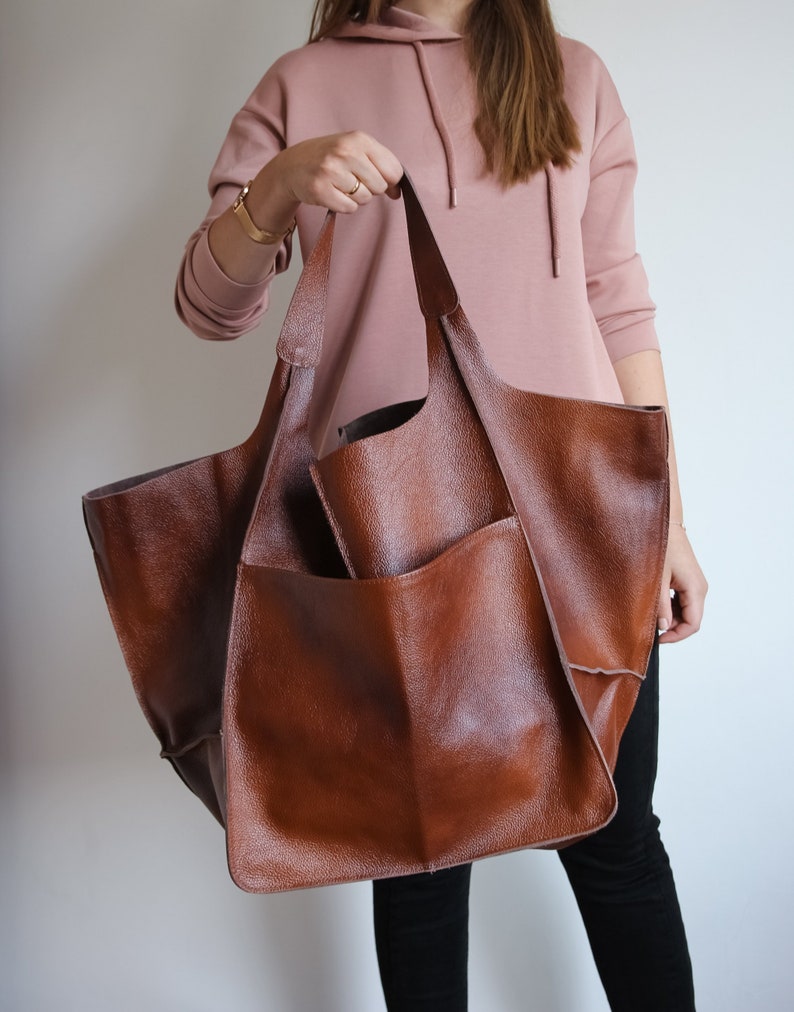 COGNAC LEATHER TOTE Bag, Slouchy Tote, Cognac Handbag for Women, Everyday Bag, Women leather Bag, Weekender Oversized Bag, Leather Purse image 1