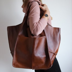 Weekender Oversized bag Large leather tote bag, Slouchy Tote, Cognac Brown Handbag for Women, Soft Leather Bag, Everyday Bag, Women bag image 2