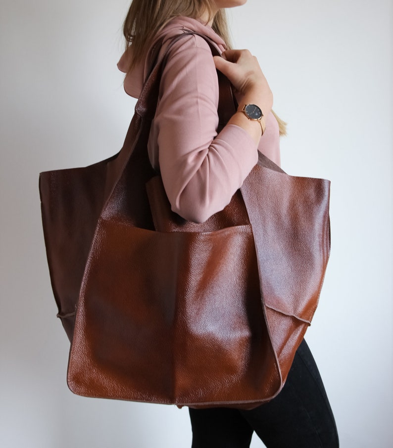 Weekender Oversized bag Large leather tote bag, Slouchy Tote, Cognac Brown Handbag for Women, Soft Leather Bag, Everyday Bag, Women bag image 2