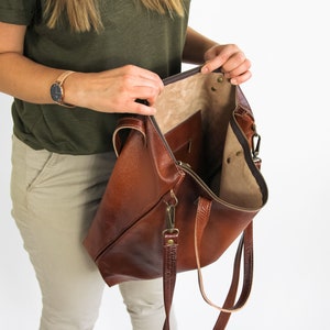 Cognac BRAUNE LEDER-Umhängetasche, Shopper-Tasche aus Leder, große Handtasche, große braune Ledertasche, Crossbody, Messing-Hardwares