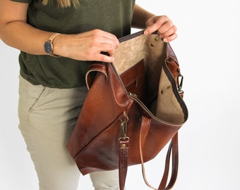 Cognac BROWN LEATHER Shoulder BAG, Shopper Bag, Leather Tote Bag, Large Handbag, Large Brown Leather Tote, Crossbody, Brass Hardware