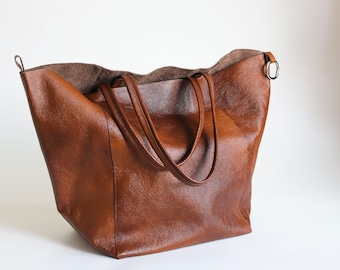 Cognac BRAUN OVERSIZE SHOPPER Umhängetasche - BigTote - Leder Schultertasche - Einkaufstasche - Große Geldbörse - Reisetasche - Große Einkaufstasche für den Alltag