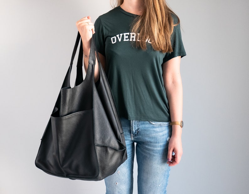 BLACK Shoulder bag, Weekender Oversized bag, Slouchy Tote, Black Handbag for Women, Soft Leather Bag, Everyday Bag, Women leather bag image 8