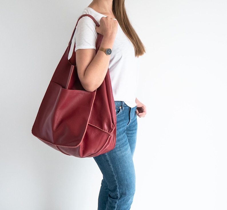 RED LEATHER TOTE bag, Slouchy Tote, Red Handbag for Women, Everyday Bag, Women leather bag, Weekender Oversized bag image 2