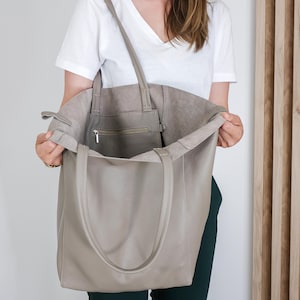 Taupe LEATHER OVERSIZED Shopper Tote - Extra-Large Beige Shoulder Bag, Versatile Travel Purse, Beige Everyday Handbag, Shopper with Ring