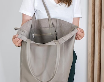 Taupe LEATHER OVERSIZED Shopper Tote - Extra-Large Beige Shoulder Bag, Versatile Travel Purse, Beige Everyday Handbag, Shopper with Ring