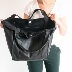 BLACK LEATHER Tote Bag, BLACK Slouchy Tote, Große Handtasche für Frauen, Everyday Shopper, Große Leder Geldbörse, Weekender Oversize Tasche