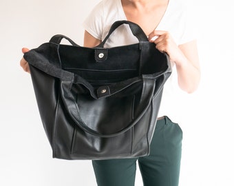 BLACK LEATHER Tote Bag, BLACK Slouchy Tote, Large Handbag for Women, Everyday Shopper, Large Leather Purse, Weekender Oversize Bag