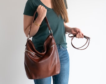 Borsa Hobo in pelle marrone cognac – Borsa a tracolla in morbida pelle con tracolla regolabile, spaziosa borsa per tutti i giorni, borsa HOBO in pelle