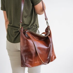 Braune Leder Shopper Tasche, GROSSE Ledereinkaufstasche, Handtasche, große Schultertasche, Cognac-braune Ledertasche, Umhängetasche, Messing-Hardwares