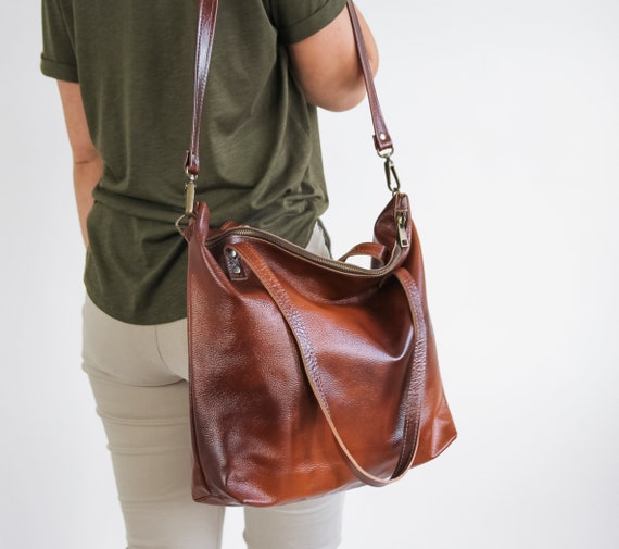 Brown Leather Shopper Bag, BIG Leather Tote Bag, Handbag, Large Shoulder Bag, Cognac Brown Leather Tote, Crossbody Bag, Brass Hardware