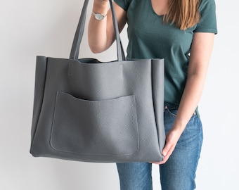 Gray LARGE SHOULDER BAG, Oversize Leather Bag, Leather Women Purse, Big Shoulder Bag, Large Everyday Leather Tote Bag, Dark Gray Handbag