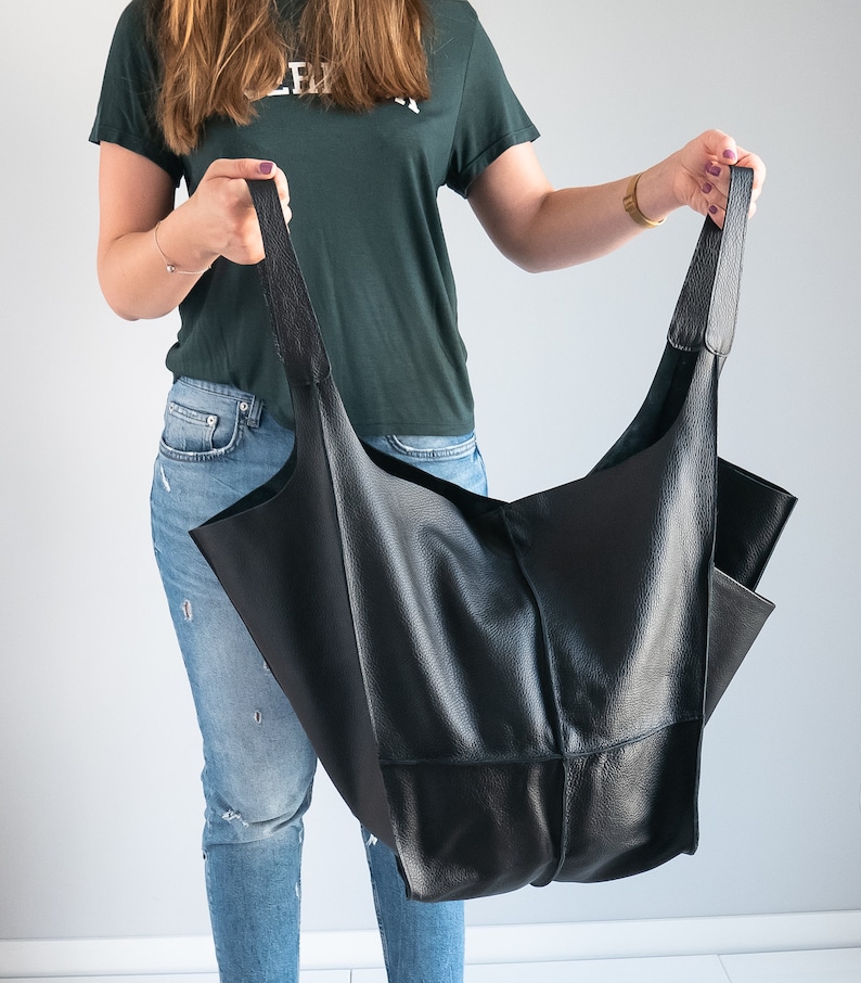 BLACK Shoulder bag, Weekender Oversized bag, Slouchy Tote, Black Handbag for Women, Soft Leather Bag, Everyday Bag, Women leather bag image 7