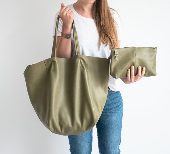 Olive Green OVERSIZE SHOPPER Bag Green Leather Shoulder Bag, Shopping Bag,  Large Everyday Purse Travel Bag, Tote Bag Bag, Large Tote 
