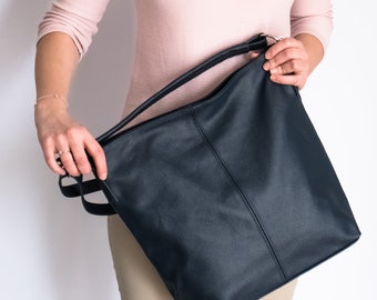 SKÓRZANA TORBA HOBO, granatowa skórzana torebka, torba na ramię, codzienna torba typu tote, skórzana torba na laptopa na ramię, skórzana torba, torba typu hobo