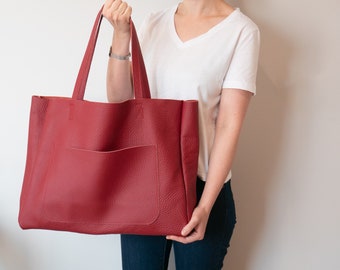 Luxurious Red Leather Tote Bag, Spacious Everyday Handbag, Stylish Durable Office Shoulder Bag, Trendy Red Purse for Women, OVERSIZE Shopper
