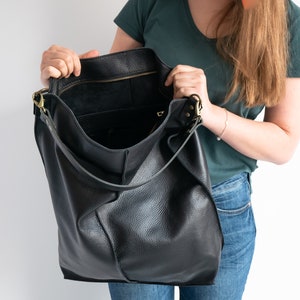 BLACK Leather Oversized HOBO Bag, Large Shopper Bag Black Large Purse BLACK Leather Handbag Everyday bag for women image 10