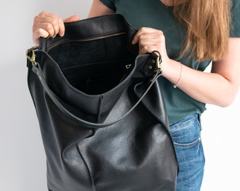 BLACK Leather HOBO Bag, Large Shopper Bag - Oversized Black Purse - Black Leather Handbag - Large Everyday bag for women