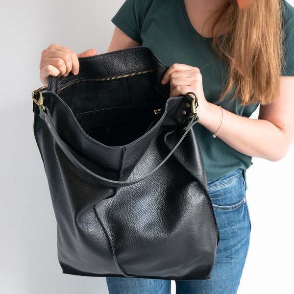 BLACK Leather HOBO Bag, Large Shopper Bag - Oversized Black Purse - Black Leather Handbag - Large Everyday bag for women