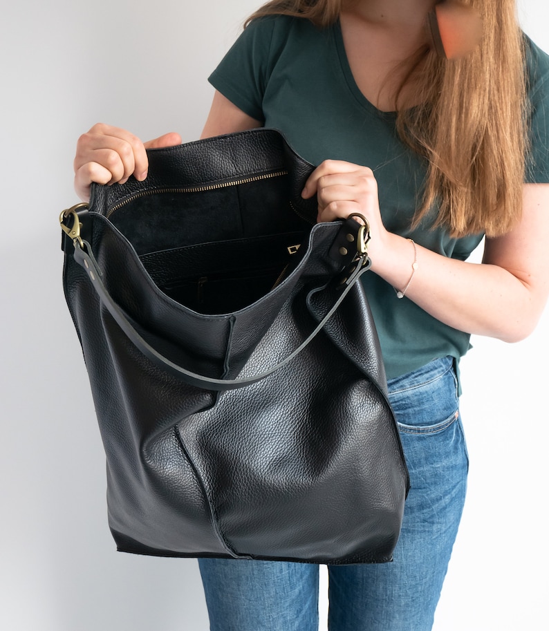 BLACK Leather Oversized HOBO Bag, Large Shopper Bag Black Large Purse BLACK Leather Handbag Everyday bag for women image 10