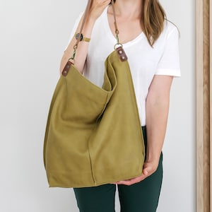 Olive Green Leather Hobo, Shoulder Bag, Oversized Handbag, Handcrafted Women&#39;s Purse, Soft Leather Everyday Bag, Roomy Bag, Zipper Closure