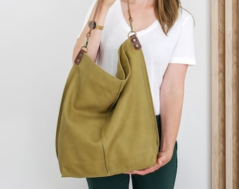 Olive Green Leather Hobo, Shoulder Bag, Oversized Handbag, Handcrafted Women's Purse, Soft Leather Everyday Bag, Roomy Bag, Zipper Closure