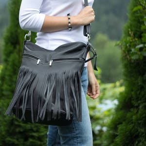 Hobo Bag, Leather Fringe Bag, Bag with Tassels, Large Cross Body Bag, Leather Handbag Purse, Large Tote, Black Leather Hobo Bag, Boho image 3