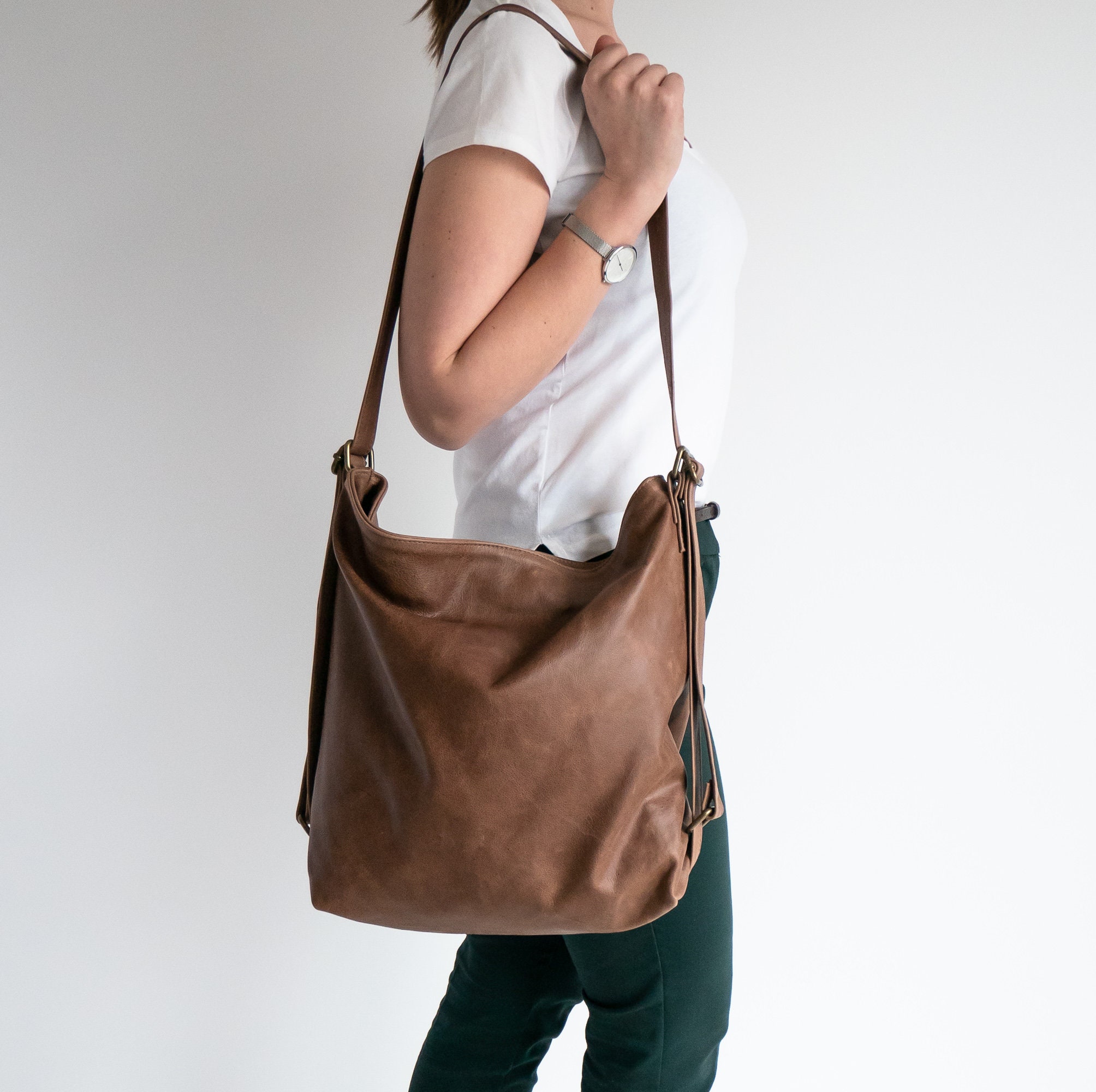 CONVERTIBLE Backpack Antiqued Brown Shoulder Bag Leather 