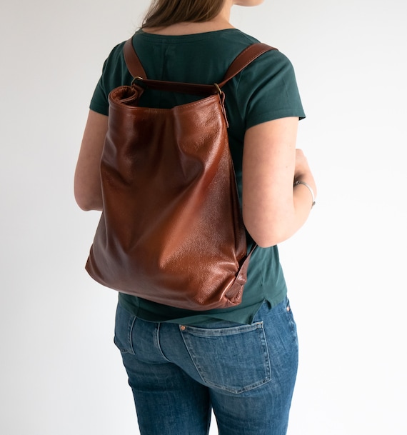 Camel Leather Convertible Backpack, Multifunctional Bag, Diaper