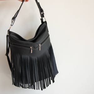 Hobo Bag, Leather Fringe Bag, Bag with Tassels, Large Cross Body Bag, Leather Handbag Purse, Large Tote, Black Leather Hobo Bag, Boho image 5