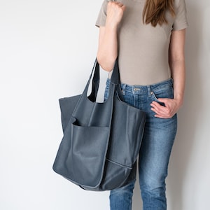 Bolso TOTE de piel azul marino, bolso tote holgado, bolso de piel para uso diario, monedero grande, bolso de fin de semana extragrande, bolso shopper de piel auténtica, bolso de trabajo minimalista.