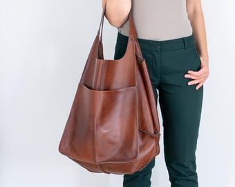 XXL Oversized Bag, LARGE Cognac Brown LEATHER Tote, Brown Handbag for Women, Slouchy Tote, Soft Leather Casual Bag, Leather Shoulder Bag