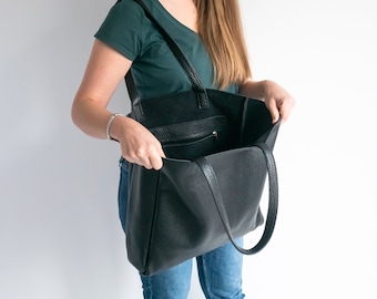 GRAND sac SHOPPER NOIR, acheteur en cuir noir, grand sac fourre-tout, sac pour le travail, fourre-tout de tous les jours, sac pour ordinateur portable en cuir, sac à main en cuir, sac à provisions