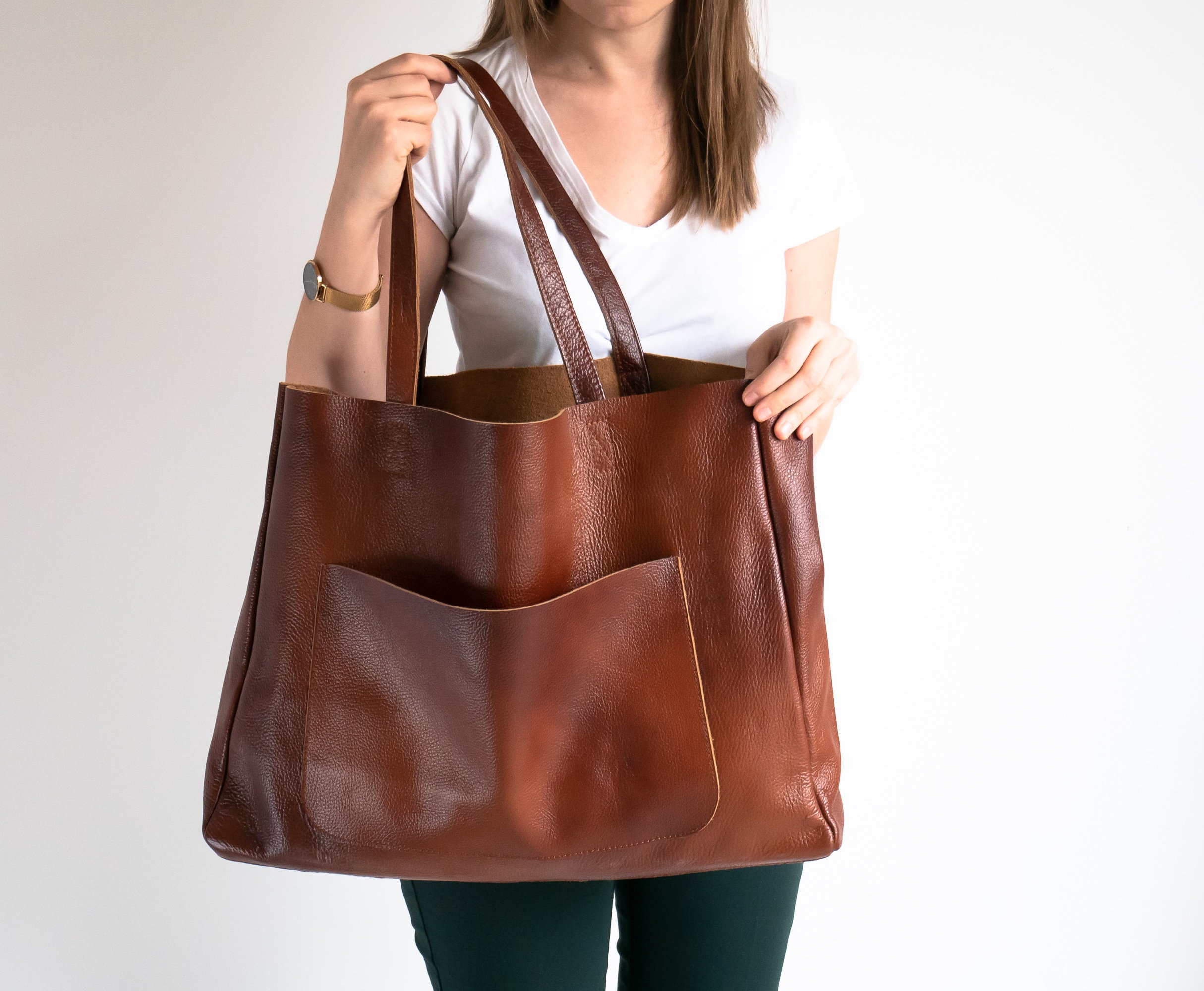 Brown leather shopper clearance tote