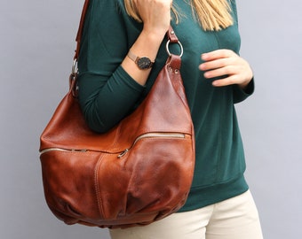 Cognac BROWN LEATHER HOBO Bag, Shoulder Bag, Cross Body Handbag, Hobo Leather Purse, Everyday Shopper Bag