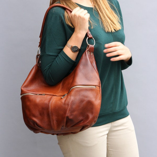 Cognacbruine LEREN HOBO-tas, schoudertas, crossbody-handtas, leren hobo-tasje, dagelijkse shopper