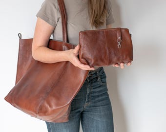 Cognac Brown Large Leather Bag, Brown Oversized Bag, Everyday Shopper Bag, Large Tote Bag, Everyday Handbag for Women, Natural Leather Bag