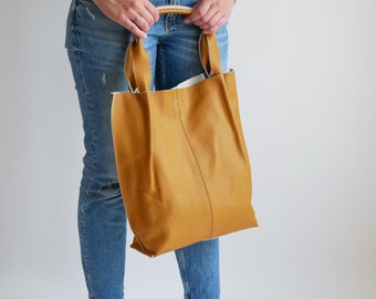 Gelbe Leder-Einkaufstasche, Leder-Shopper-Tasche, große Handtasche, große Einkaufstasche, Senf-Schultertasche, Leder-Einkaufstasche, gelbe Ledergeldbörse