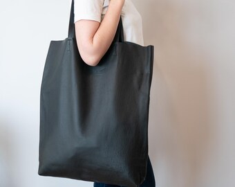【mnem】25SS★ [mnem] Oversized Leather Shopper Black Leather Tote Bag, Oversized Soft Leather Shoulder Bag
