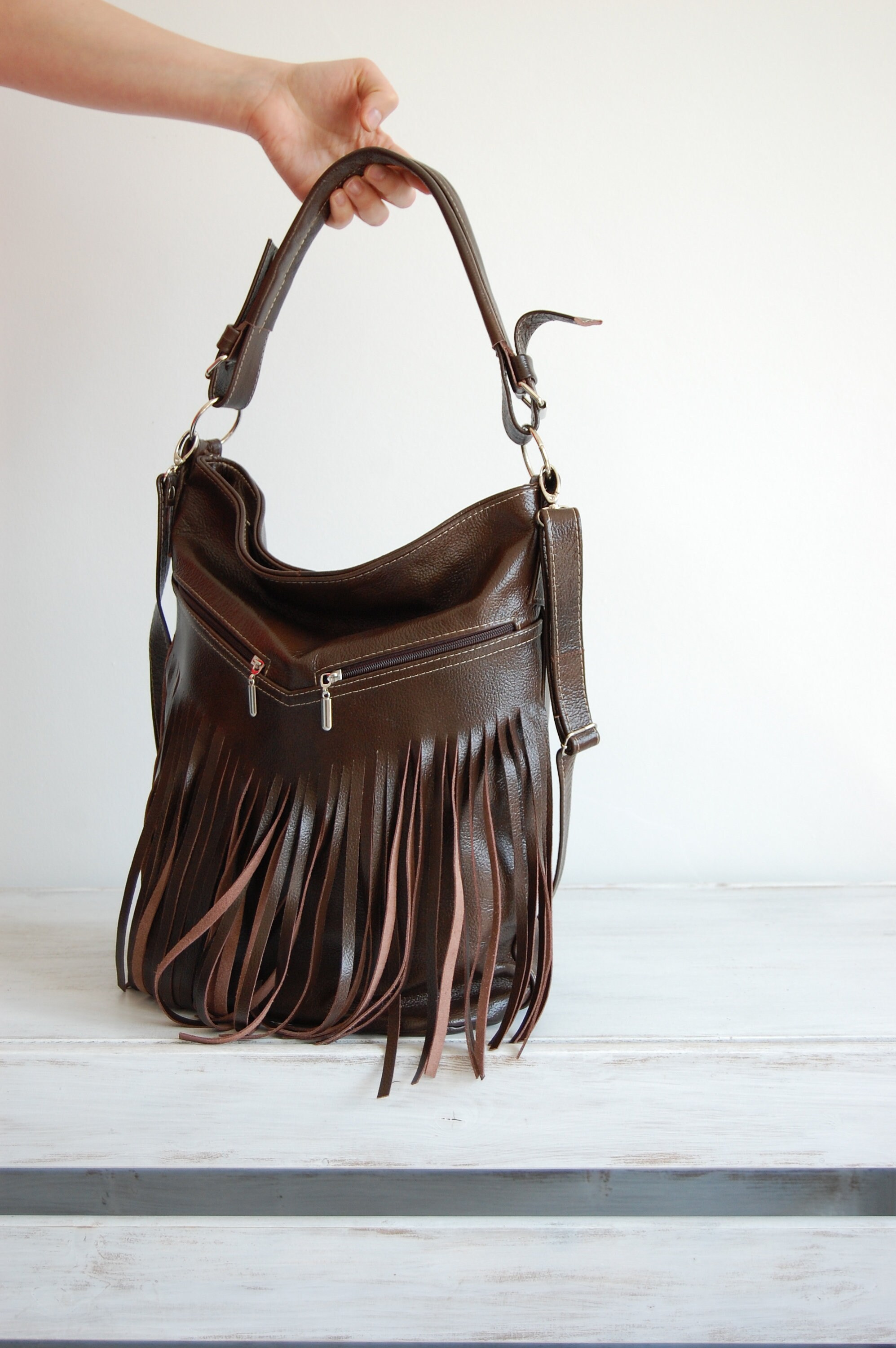BROWN Hobo Bag Leather Fringe Bag Bag with Tassels Large Etsy