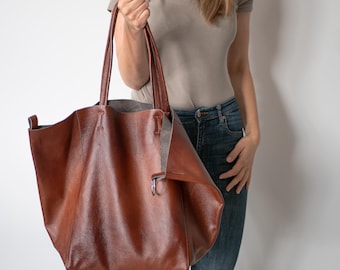 Borsa tote grande MARRONE - Borsa a tracolla in pelle color cognac - Borsa shopper oversize - Borsa per lo shopping - Borsa grande per tutti i giorni - Borsa da viaggio - Borsa tote grande