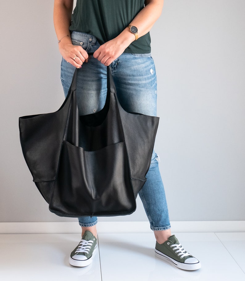 BLACK Shoulder bag, Weekender Oversized bag, Slouchy Tote, Black Handbag for Women, Soft Leather Bag, Everyday Bag, Women leather bag image 6