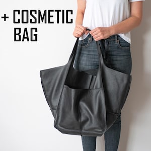 XXL Oversized bag + Cosmetic Bag, LARGE Black LEATHER Tote, Black Slouchy Tote, Soft Leather Casual Bag, Leather Bag Shoulder Bag