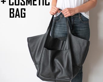 XXL Oversized bag + Cosmetic Bag, LARGE Black LEATHER Tote, Black Slouchy Tote, Soft Leather Casual Bag, Leather Bag Shoulder Bag