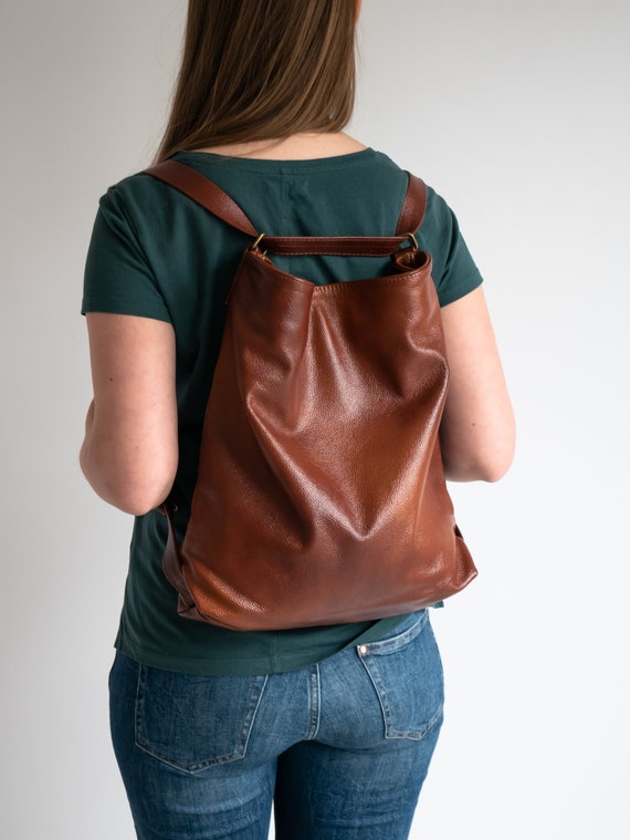 Gold Duck Soft Leather Convertible Backpack Crossbody Sling Bag Cognac Brown Convertible Tan Leather Backpack – 3-way Soft Crossbody  main image 4