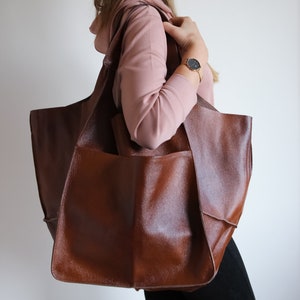 Cognac Oversized bag Large leather tote bag, Everyday Bag, Women leather bag Slouchy Tote, Cognac Handbag for Women, Soft Leather Bag image 7