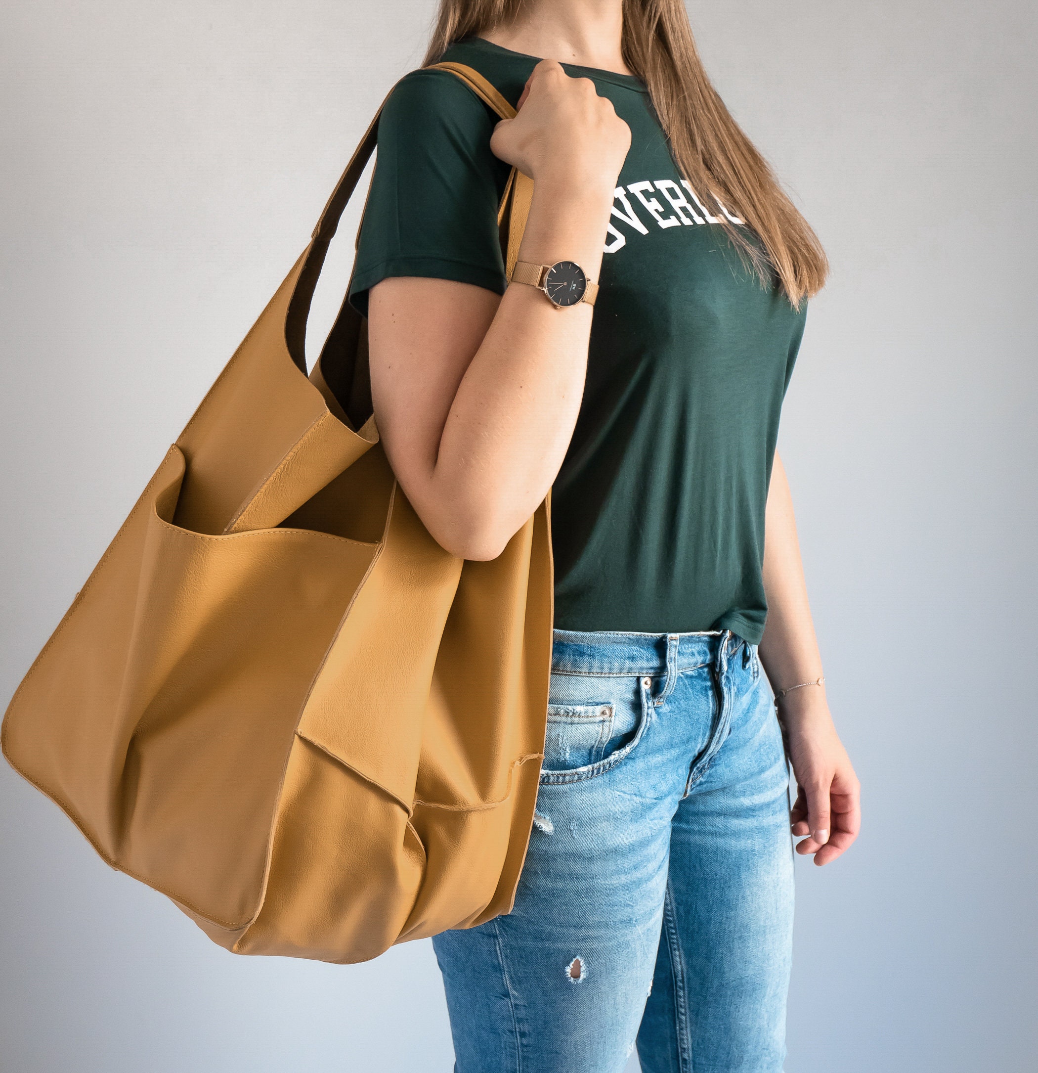 Mustard LEATHER TOTE Bag Slouchy Tote Yellow Handbag for Women